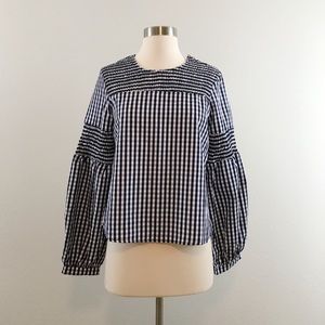 Navy Blue Gingham Long Sleeve Blouse